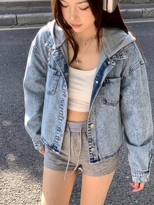 青少年女孩 Y2K 藍色丹寧拼接灰色針織連帽寬鬆長袖夾克 - 藍色 - 查看 4