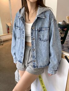青少年女孩 Y2K 藍色丹寧拼接灰色針織連帽寬鬆長袖夾克 - 藍色 - 查看 5