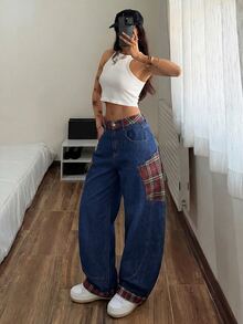 SHEIN 女款格紋拼接彎腿牛仔褲 - 藍色 - 查看 5