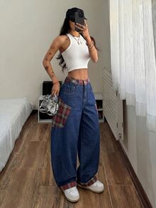 SHEIN 女款格紋拼接彎腿牛仔褲 - 藍色 - 查看 7