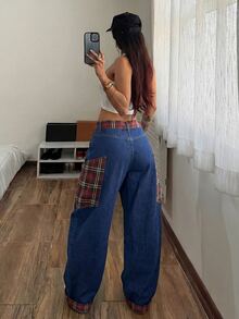 SHEIN 女款格紋拼接彎腿牛仔褲 - 藍色 - 查看 2