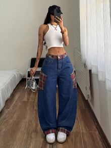 SHEIN 女款格紋拼接彎腿牛仔褲 - 藍色 - 查看 6