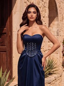 Coutiva Women's Rhinestone Pleated Cinched Waist Back Slit Formal Evening Strapless Dress (Heavy Embellished) - Navy Blue - View 7