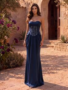 Coutiva Women's Rhinestone Pleated Cinched Waist Back Slit Formal Evening Strapless Dress (Heavy Embellished) - Navy Blue - View 3