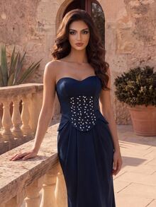 Coutiva Women's Rhinestone Pleated Cinched Waist Back Slit Formal Evening Strapless Dress (Heavy Embellished) - Navy Blue - View 5
