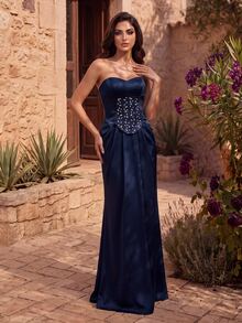 Coutiva Women's Rhinestone Pleated Cinched Waist Back Slit Formal Evening Strapless Dress (Heavy Embellished) - Navy Blue - View 4