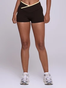 Musera Sport Celana Pendek Mini Setelan Aktif Warna Kontras dengan Potongan V Depan, Warna Kuning Mentega, Cocok untuk Musim Gugur/Musim Dingin, Olahraga, Pilates, Kebugaran, dan Aktivitas Kasual Sehari-hari - Coffee Brown - View 3