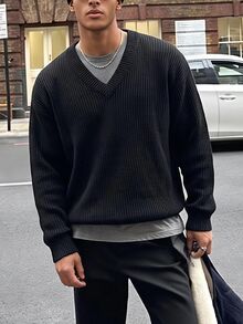 SWAVVY 時尚男士純色V領長袖針織衫，極簡百搭 - 黑色 - 查看 7