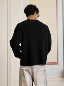 SWAVVY 時尚男士純色V領長袖針織衫，極簡百搭 - 黑色 - 查看 3