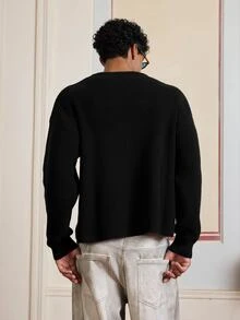 SWAVVY 時尚男士純色V領長袖針織衫，極簡百搭 - 黑色 - 查看 5