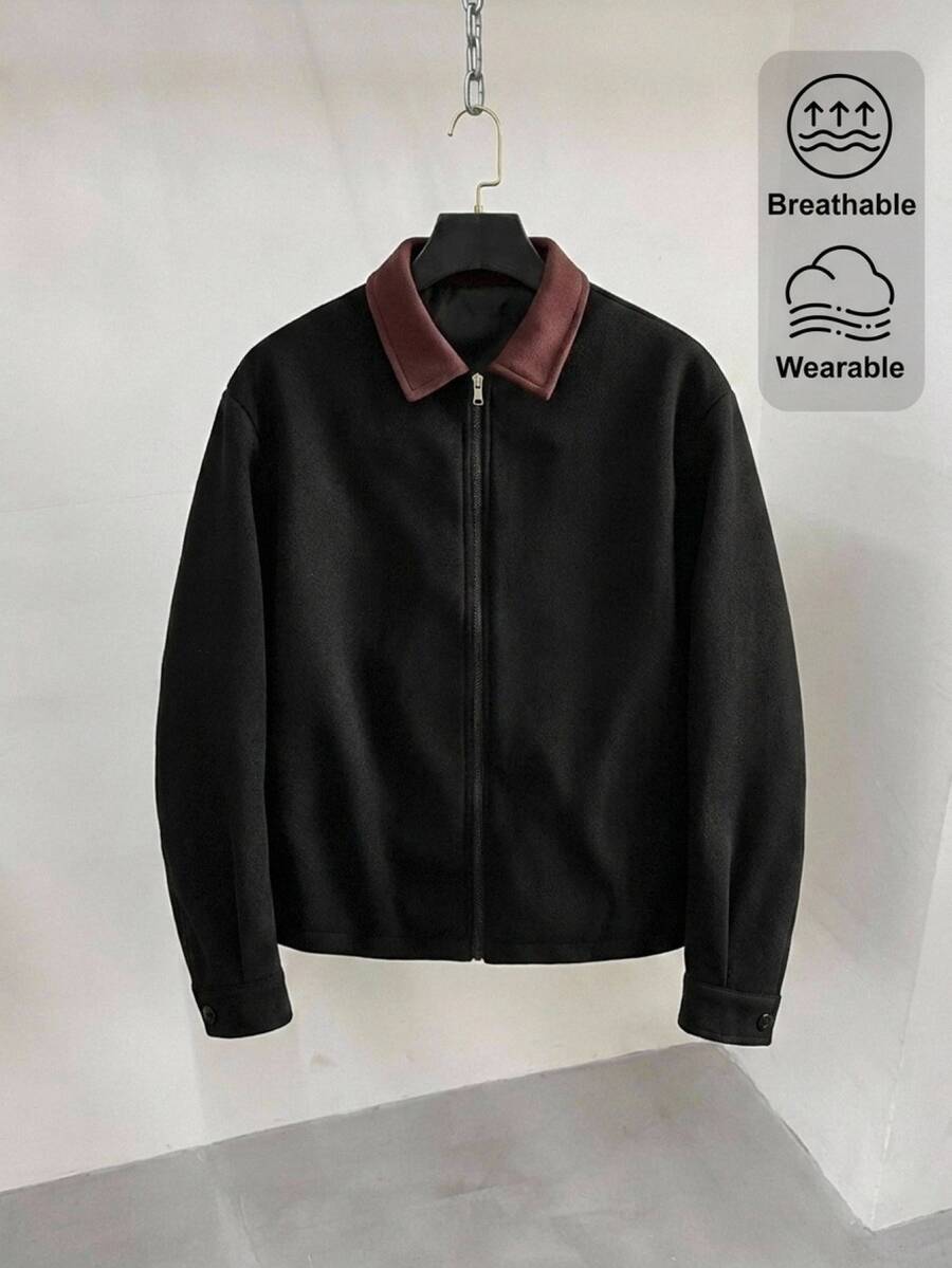 HIMLAND Mantel Pria Bahan Wol Musim Gugur/Dingin Kasual Serbaguna untuk Liburan Pantai, Warna Hitam - Hitam - View 1