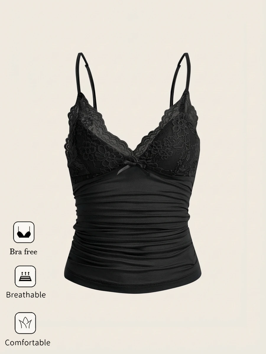 SHEIN ICON 女款休閒蕾絲細肩帶上衣,黑色,夏季上衣,優雅女裝,Y2k,免內衣,夏季 - 黑色 - 查看 1