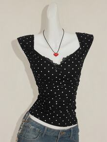 SHEIN ICON Women's Sexy Millennial Style Y2K Young Fashion Black Background White Polka Dot Sweetheart Neckline Splicing Lace Lace Open Back Slim Knit T-Shirt - Multicolor - View 4
