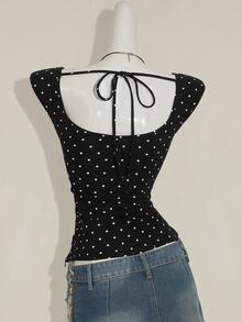 SHEIN ICON Women's Sexy Millennial Style Y2K Young Fashion Black Background White Polka Dot Sweetheart Neckline Splicing Lace Lace Open Back Slim Knit T-Shirt - Multicolor - View 2