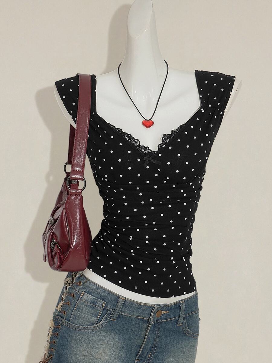 SHEIN ICON Women's Sexy Millennial Style Y2K Young Fashion Black Background White Polka Dot Sweetheart Neckline Splicing Lace Lace Open Back Slim Knit T-Shirt - Multicolor - View 1