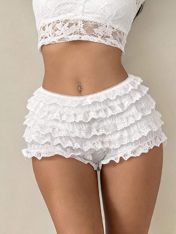 SHEIN ICON Ladies' Multi-Layer Frill Hem Low-Rise Y2K Concert Going Out White Ruffle Shorts
