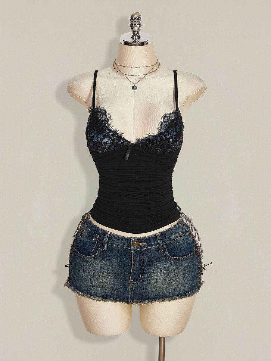 SHEIN ICON 撞色蕾丝褶饰 Y2k 吊带上衣 - 黑色 - 查看 1