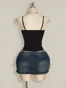 SHEIN ICON 撞色蕾丝褶饰 Y2k 吊带上衣 - 黑色 - 查看 2