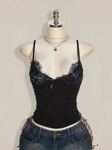SHEIN ICON 撞色蕾丝褶饰 Y2k 吊带上衣 - 黑色 - 查看 3