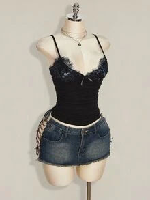 SHEIN ICON 撞色蕾丝褶饰 Y2k 吊带上衣 - 黑色 - 查看 8