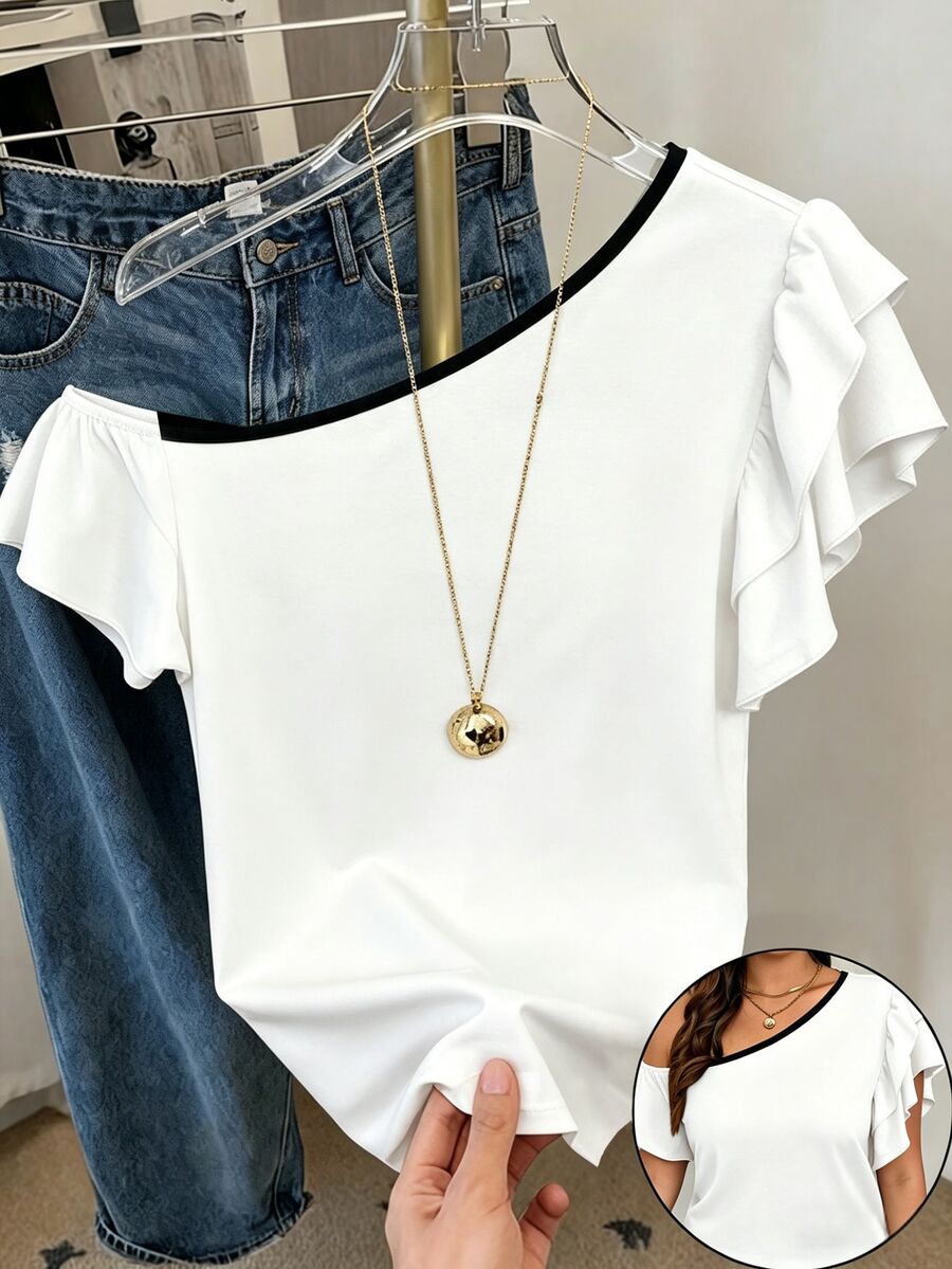 EMERY ROSE Plus Size Asymmetrical Neck Ruffle Trim Contrast Binding Tee Formal Date Night Black And White Summer Casual Elegant - White - View 1