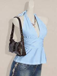 SHEIN ICON Halter Deep V-Neck Cinched Waist A-Line Backless Camisole - Multicolor - View 5