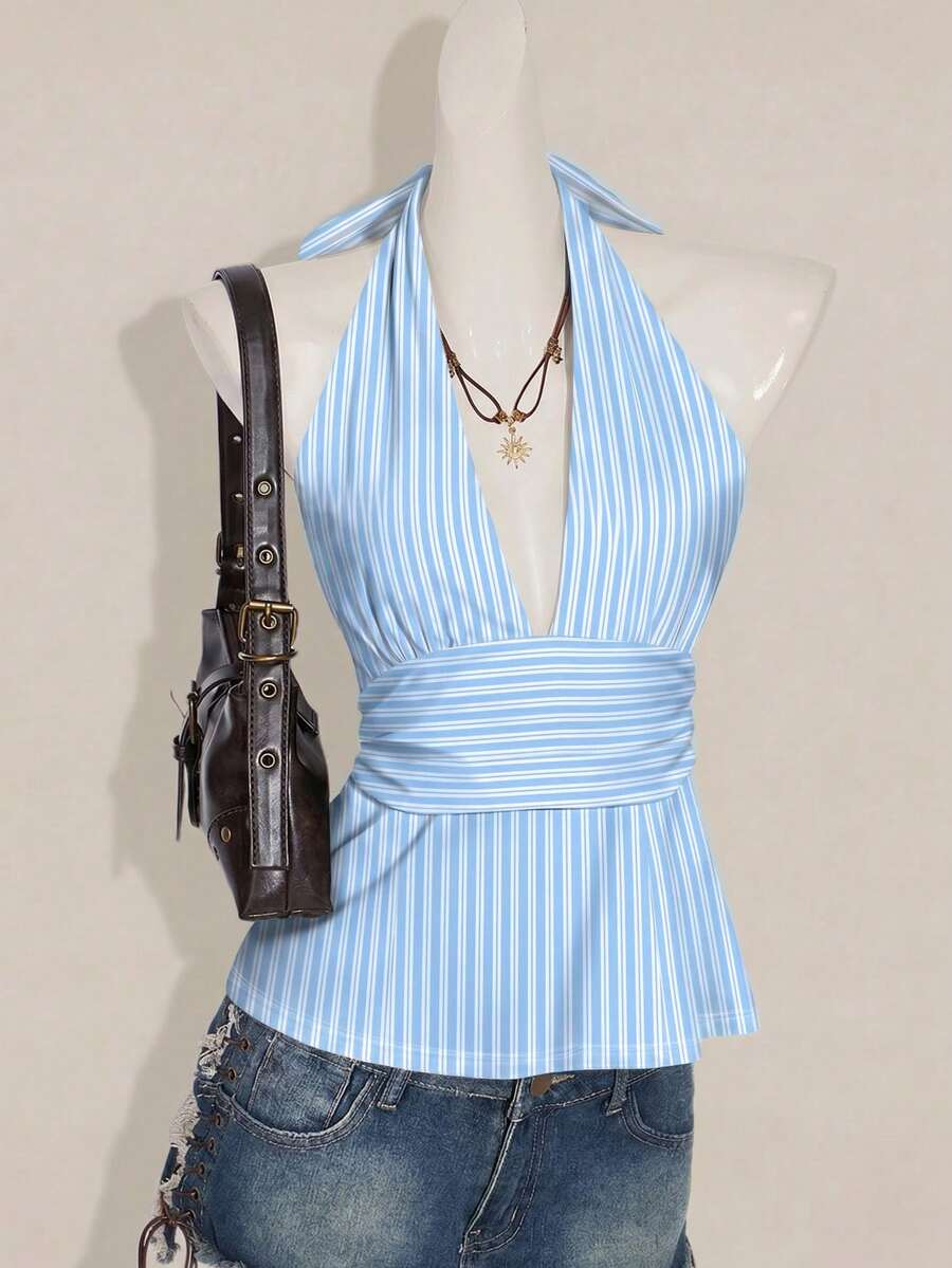SHEIN ICON Halter Deep V-Neck Cinched Waist A-Line Backless Camisole - Multicolor - View 1
