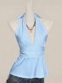 SHEIN ICON Halter Deep V-Neck Cinched Waist A-Line Backless Camisole - Multicolor - View 7