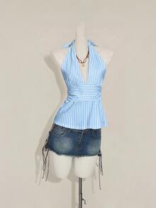 SHEIN ICON Halter Deep V-Neck Cinched Waist A-Line Backless Camisole - Multicolor - View 3