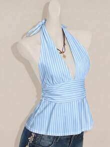 SHEIN ICON Halter Deep V-Neck Cinched Waist A-Line Backless Camisole - Multicolor - View 6