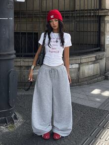Coolane 女款秋季街頭風休閒外出運動休閒風鉚釘法式灰色寬腿運動長褲，適合健身、跑步、度假穿搭、運動服 - 灰色 - 查看 4