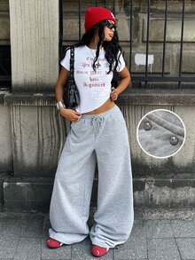 Coolane 女款秋季街頭風休閒外出運動休閒風鉚釘法式灰色寬腿運動長褲，適合健身、跑步、度假穿搭、運動服 - 灰色 - 查看 5
