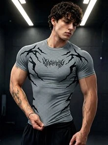 GymBeat 男士休閒圖案印花彈性插肩袖運動T恤，夏季、健身房、度假 - 彩色 - 查看 1
