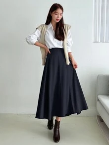 DAZY 高腰純色喇叭裙 秋季婚禮賓客女款 - 藏蓝色 - 查看 4
