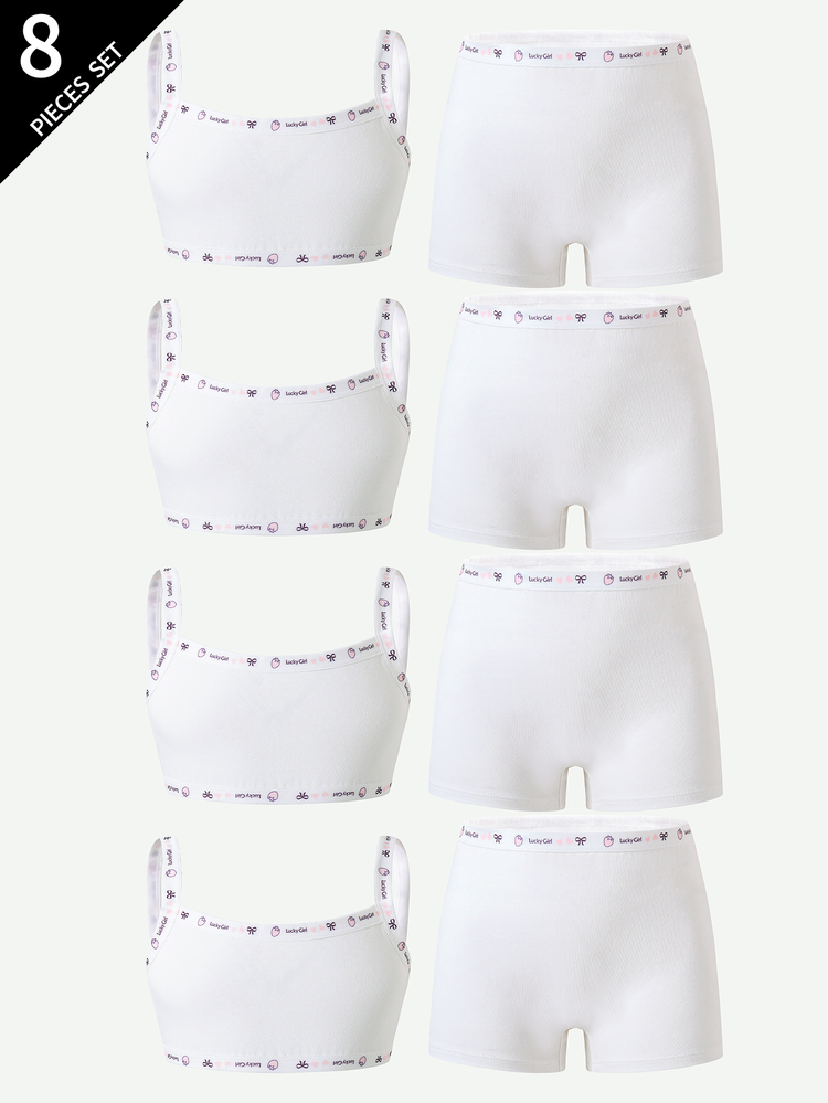 4pcs/Set Pakaian Dalam Anak Perempuan Katun Warna Polos Minimalis Model Camisole & Boyshort Set Musim Gugur - Putih - View 1