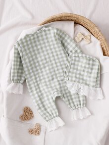 SHEIN 2件組 秋冬新生女嬰居家服 時尚清新可愛 綠色與白色格紋領口 袖口與腳口拼接 優雅白色蕾絲連身衣 - 綠色 - 查看 2