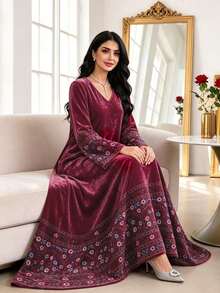 SHEIN Najma 女款深紅色花卉植物印花時尚V領長袖春夏秋冬優雅金鑽天鵝絨洋裝，幾何圖案洋裝，阿拉伯風服飾 - 彩色 - 查看 5