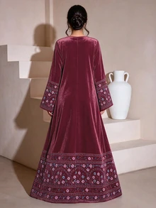 SHEIN Najma 女款深紅色花卉植物印花時尚V領長袖春夏秋冬優雅金鑽天鵝絨洋裝，幾何圖案洋裝，阿拉伯風服飾 - 彩色 - 查看 2