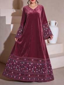 SHEIN Najma 女款深紅色花卉植物印花時尚V領長袖春夏秋冬優雅金鑽天鵝絨洋裝，幾何圖案洋裝，阿拉伯風服飾 - 彩色 - 查看 6