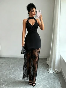 Elenzga Halter Neck Iridescent Material Contrast Lace Dress - Black - View 9