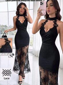 Elenzga Halter Neck Iridescent Material Contrast Lace Dress - Black - View 6