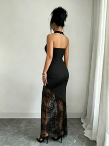 Elenzga Halter Neck Iridescent Material Contrast Lace Dress - Black - View 3