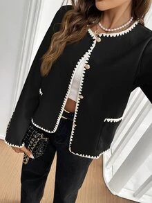 SHEIN Frenchy Autumn Casual Color Block Trimmed Double Pockets Jacket Winter Black Elegant Spring - Black - View 6