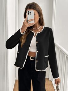 SHEIN Frenchy Autumn Casual Color Block Trimmed Double Pockets Jacket Winter Black Elegant Spring - Black - View 4