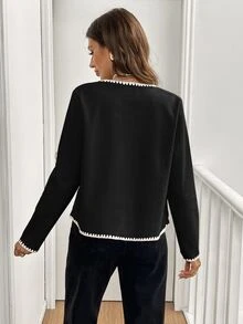 SHEIN Frenchy Autumn Casual Color Block Trimmed Double Pockets Jacket Winter Black Elegant Spring - Black - View 2