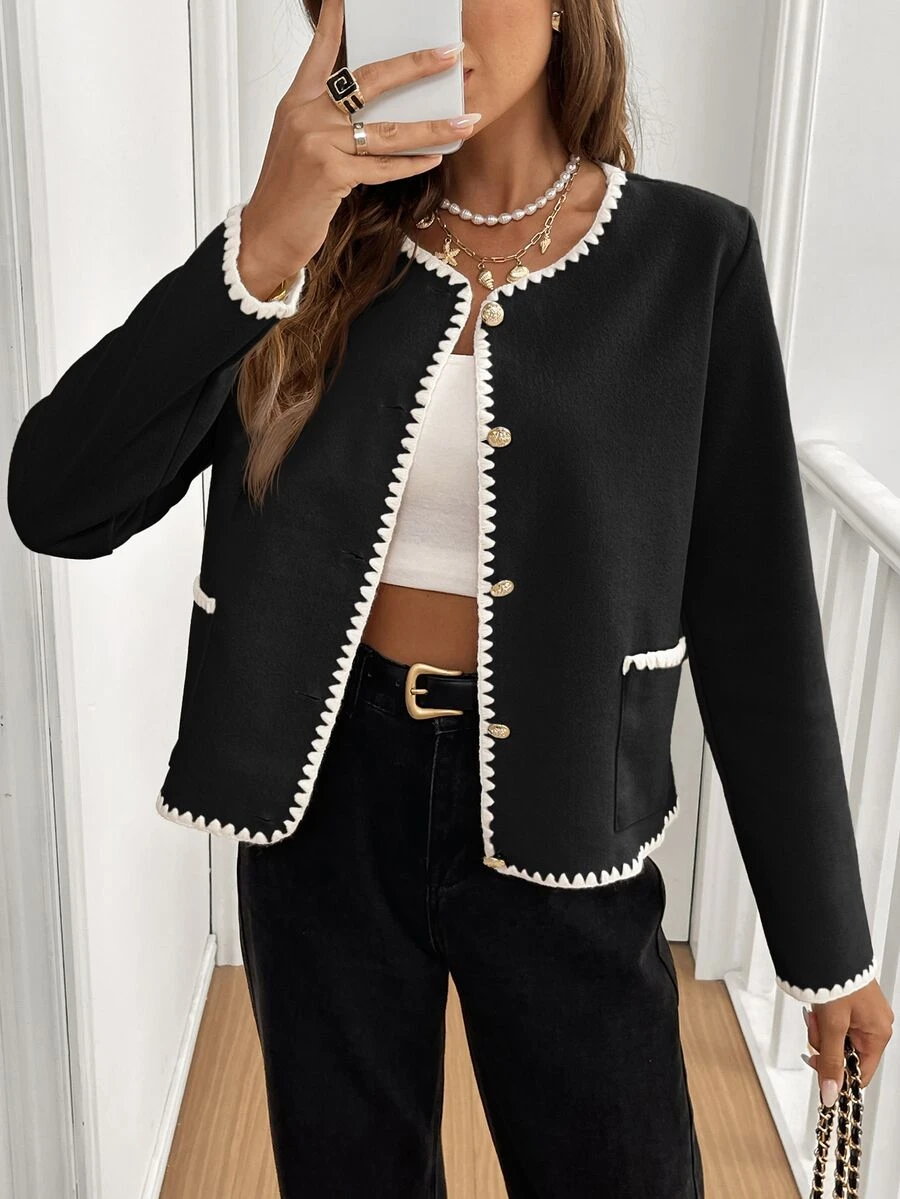 SHEIN Frenchy Autumn Casual Color Block Trimmed Double Pockets Jacket Winter Black Elegant Spring - Black - View 1