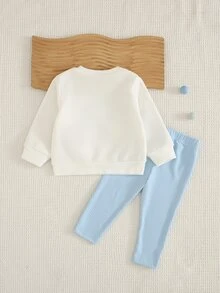 SHEIN 嬰幼兒休閒親子套裝日常可愛衛衣套裝，3D藍白條紋淺藍蝴蝶結上衣，針織內搭褲，女嬰秋季 - 杏色 - 查看 3