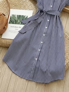 Rusticease Women's Casual Coastal Navy Blue Front Button Midi Dress For Vacation Vacation Summer Brunch Vacation - Navy Blue - View 5