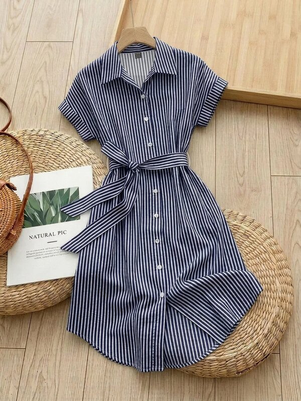 Rusticease Women's Casual Coastal Navy Blue Front Button Midi Dress For Vacation Vacation Summer Brunch Vacation