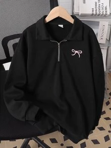 SHEIN 青少年女孩休閒基礎款半拉鍊高領精緻蝴蝶結刺繡花卉灰色保暖內裡加厚套頭衛衣 秋冬款 - 黑色 - 查看 4